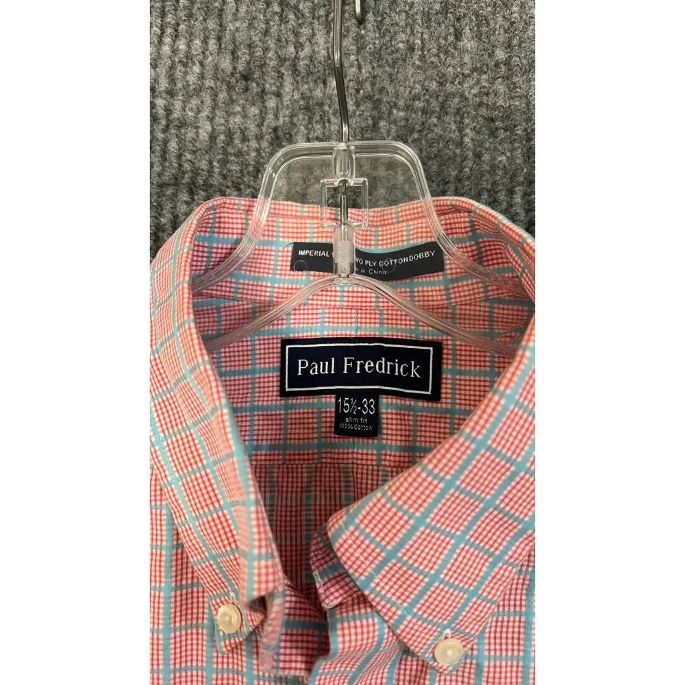 Paul Fredrick Shirt Mens 15.5-33 Button Up Red Blue Long Sleeve Imperial Cotton